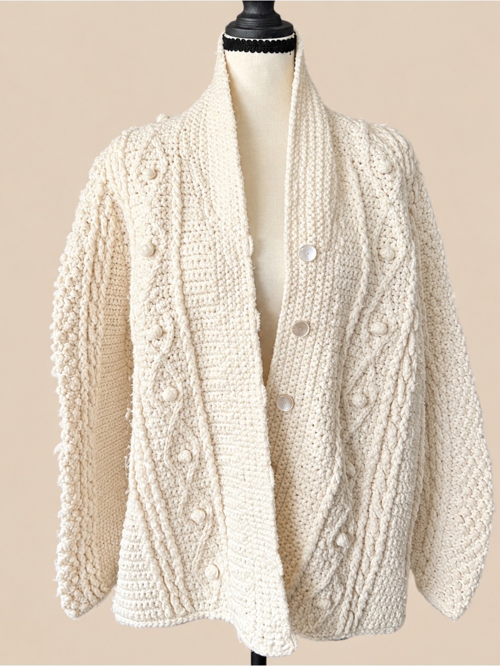 Hand-Knit Chunky Cream Cardigan M L